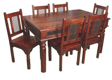 wooden dining table set with cross iron jali